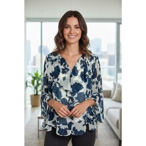 Curations Blue Floral Blouse Sz XS Bell Sleeve V-Neck Top Lined Layered Tank